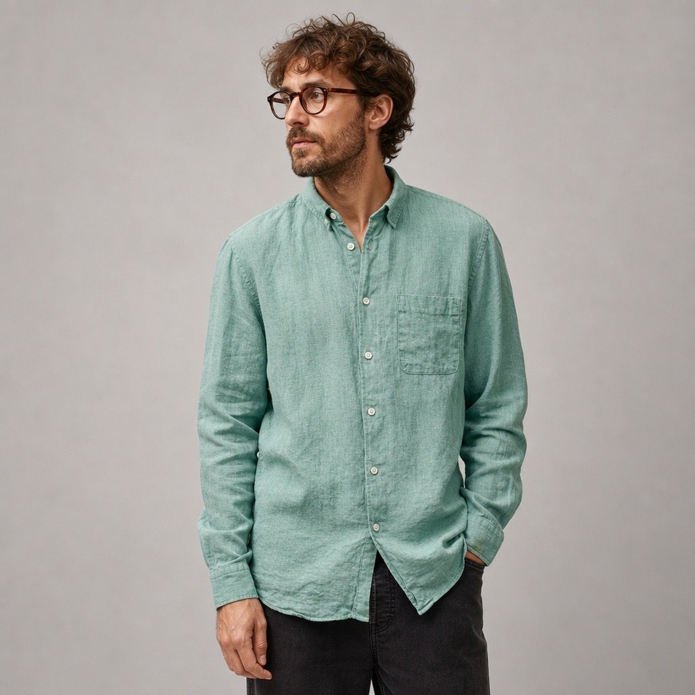 UNIQLO Men's Premium Linen Shirt Size M Green Long Sleeve Button-Up Casual